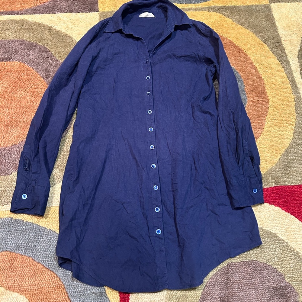Eileen Fisher Navy Blue Long Button-Front Sleep Shirt